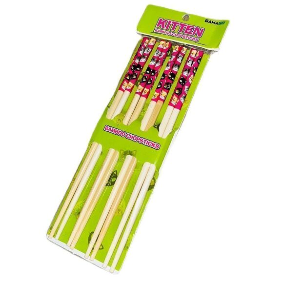 Set of 4 Reusable Eco-Friendly Bamboo Chopsticks w/ Cute Kittens Design Hot Pink - Picture 10 of 10